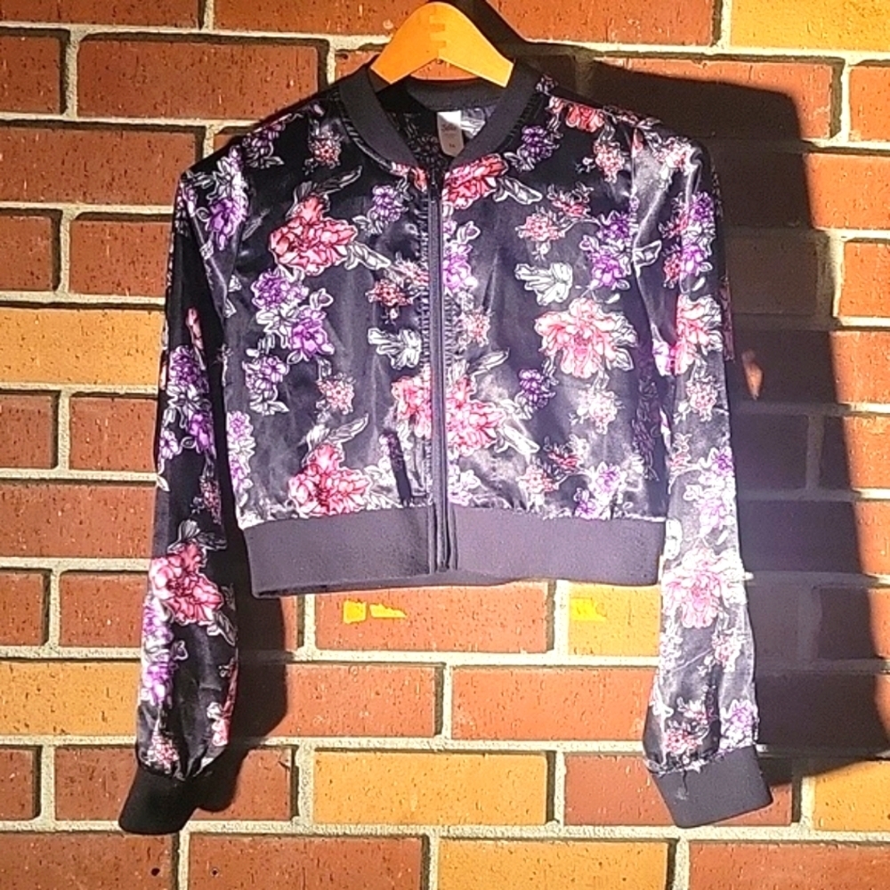 JUSTICE Girls Long Sleeve Cropped Floral Zip Jacket ~ Size 14